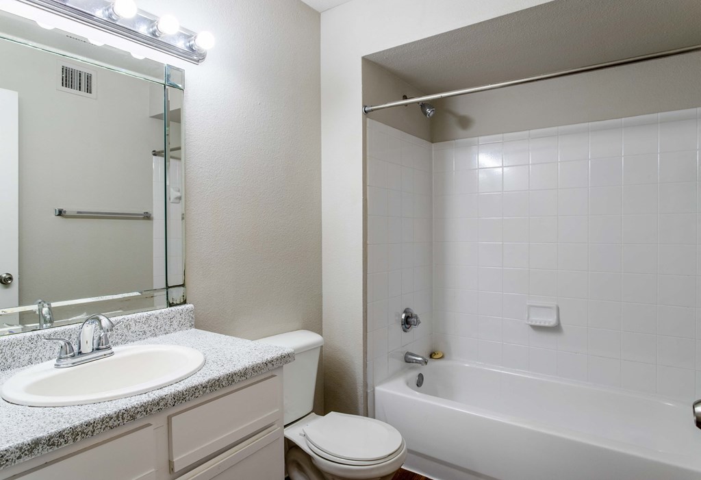 Pet-Friendly Apartments in Houston, TX – Westchase Forest – Photo bathroom with sink, toilet and tub/shower