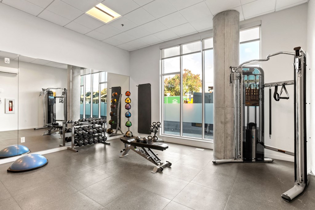 A gym with a variety of equipment including a squat rack, bench press, and a rowing machine.