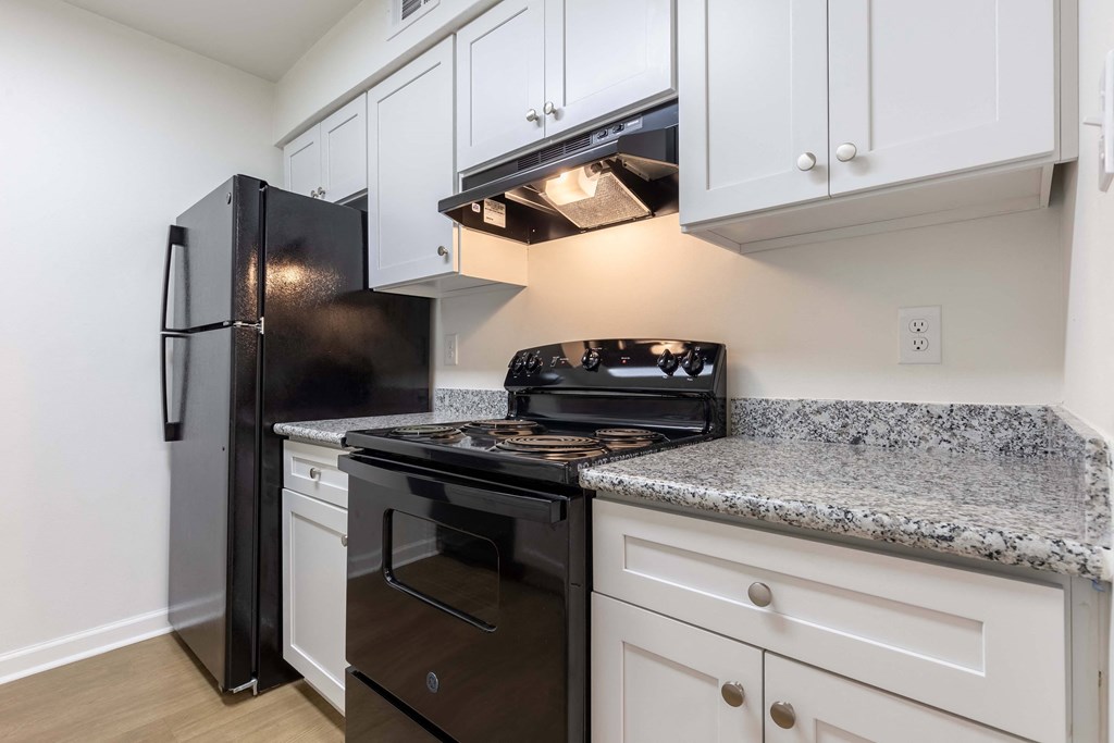 Whitney Manor Apartments in Gretna, LA photo of  a kitchen with black appliances and granite counter tops and white cabinets