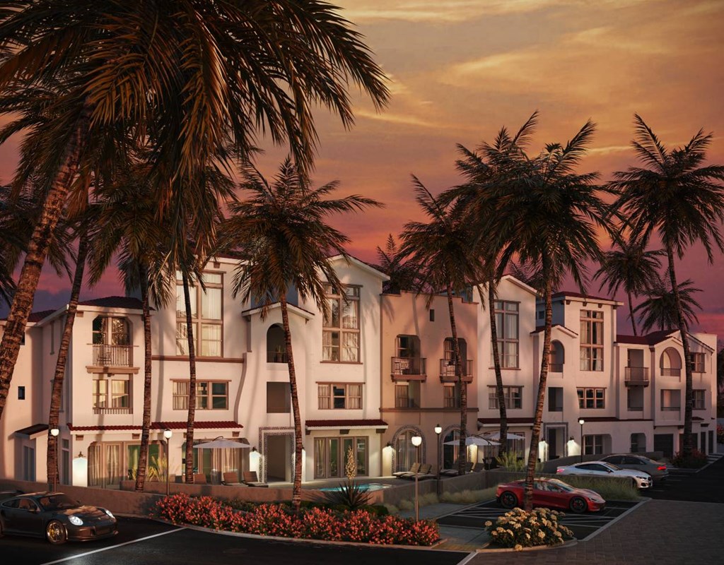 a rendering of a row of houses with palm trees