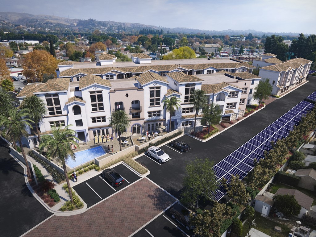 Dog-Friendly Apartments In Whitter, CA - Cierra - Aerial View Of Apartments And Parking Spaces