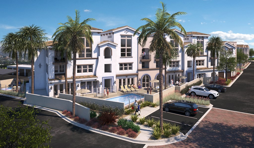 a rendering of an apartment complex with a pool and palm trees