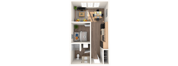 A 3D rendered image of a small apartment layout.