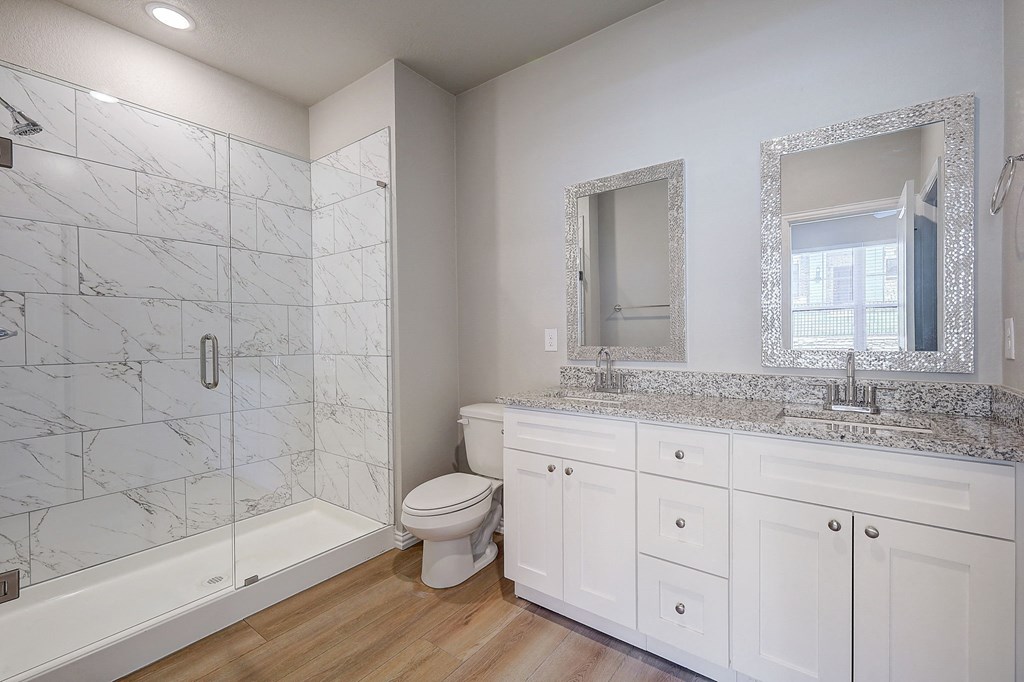 a bathroom with a shower and a sink and a toilet