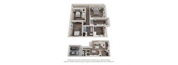 a stylized 3d floor plan of a house with a bedroom and living room