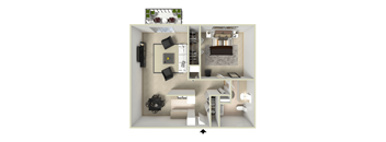 A 3D floor plan of a house with a kitchen, living room, and bedrooms.
