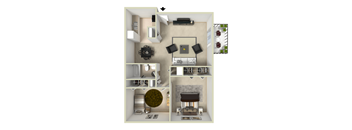 A 3D rendered image of a house layout.