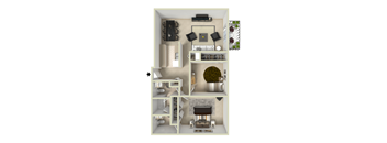 A 3D floor plan of a small apartment with a living room, kitchen, and bedroom.