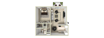 A 3D floor plan of a small apartment with a living room, kitchen, and bathroom.