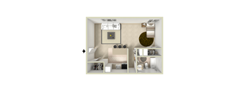A 3D floor plan of a small apartment with a kitchen, living room, and bathroom.