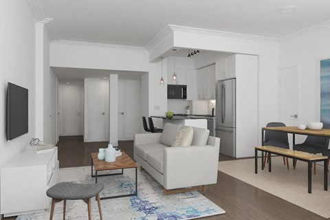 Open concept kitchen and living rooms with renovated kitchens