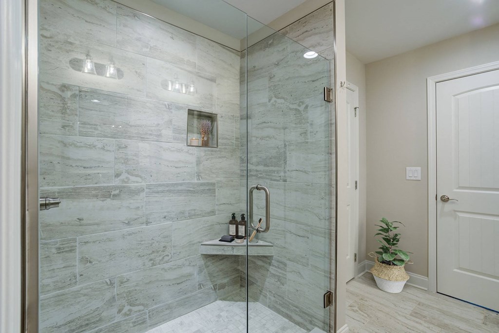 a bathroom with a shower and a potted plant