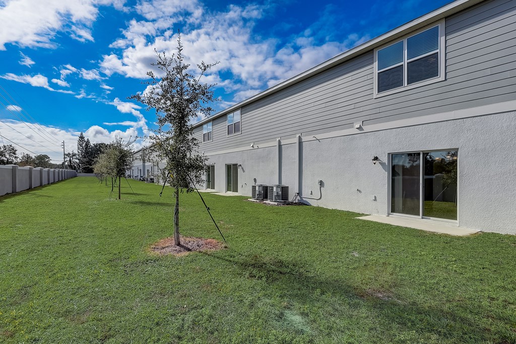 A tree stands in a grassy yard in front of a grey building.