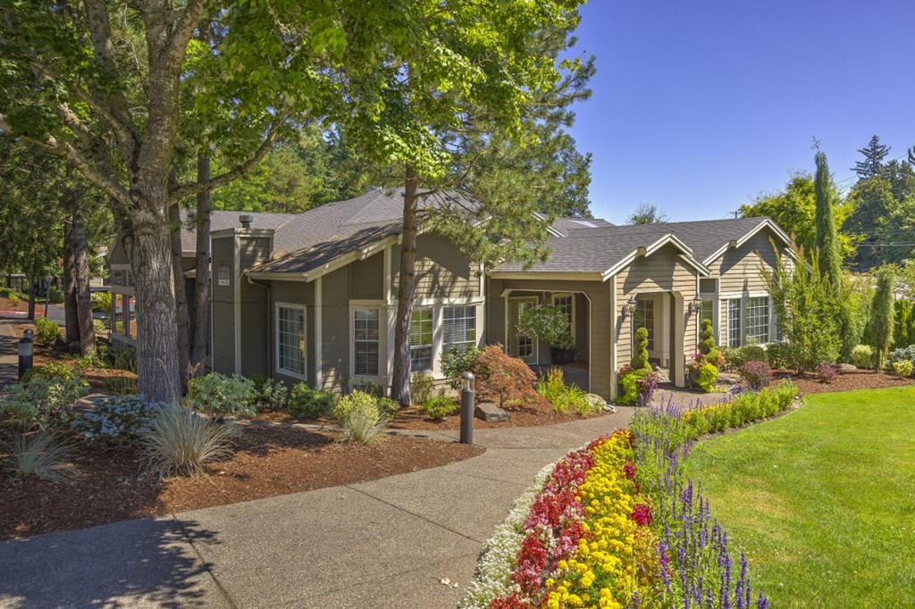Two-BR Apartments in Beaverton, OR - Cedar Crest Apartments - Exterior Building with Walking Paths, and Lush Landscaping