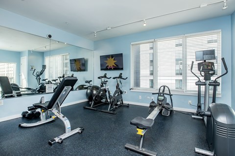 A gym with a variety of exercise equipment including treadmills, stationary bikes, and weight machines.