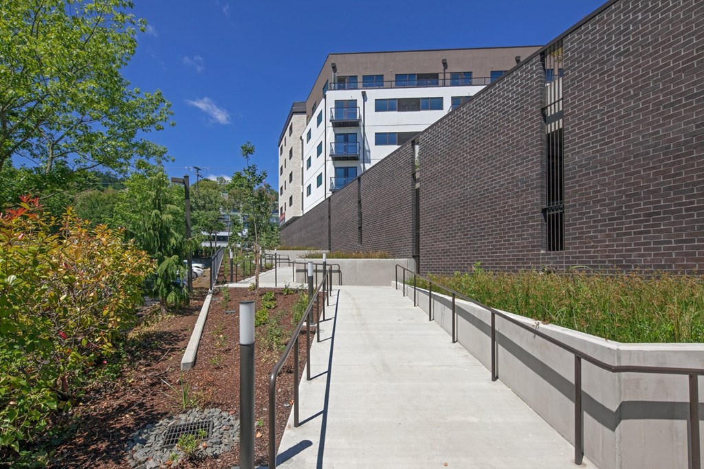 a view of the stairway leading up to the building