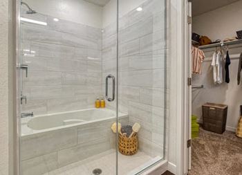 a bathroom with a bathtub and a shower