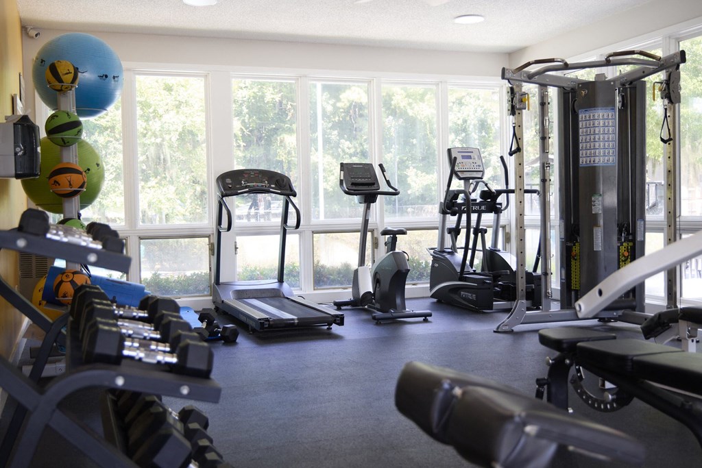 Greentree Apartments in Savannah, GA photo of a gym with cardio equipment and large windows