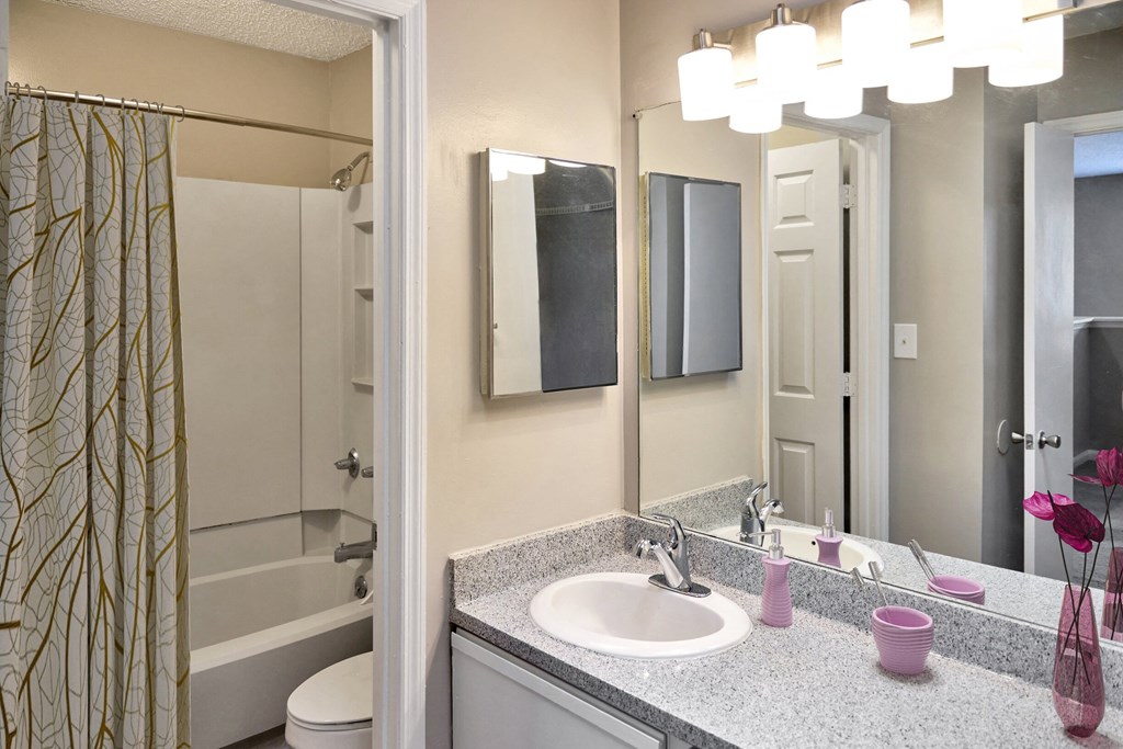 Greentree Apartments in Savannah, GA photo of a bathroom with a sink and a shower and a mirror