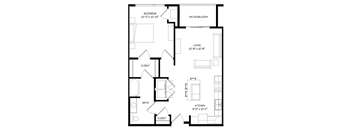 A black and white image of a house floor plan with a bedroom, living room, kitchen, bathroom, and closet.