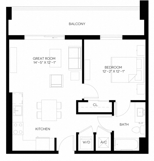 1 Bed 1 Bath 652 square feet floor plan A1