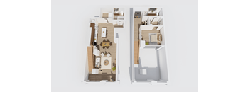 A floor plan of a two-story house with a living room, kitchen, and bedrooms.