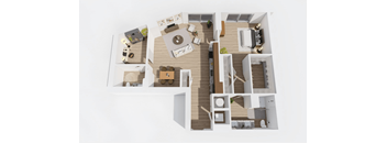 A 3D floor plan of a house with a kitchen, living room, and bedrooms.