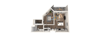 A 3D rendered image of a small apartment layout.