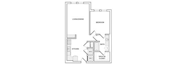 A floor plan of a small apartment with a living/dining area, kitchen, bedroom, bathroom, and walk-in closet.