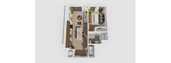 A top-down view of a modern apartment layout.