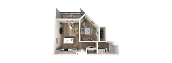 A 3D floor plan of a house with a kitchen, living room, and bedrooms.