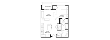 A black and white image of a floor plan for a house with a living room, kitchen, bedroom, bathroom, and closet.