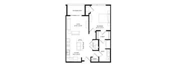 A black and white image of a house floor plan with a living room, kitchen, bedroom, bathroom, and closet.