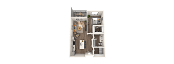 A floor plan of a small apartment with a kitchen, living room, and bedroom.