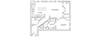 A floor plan of a home showing a living room, kitchen, bathroom, and bedroom.