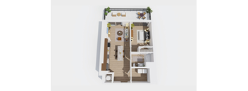 A top-down view of a house layout with a living room, kitchen, dining area, and bedrooms.