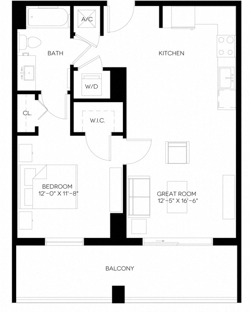 1 Bed 1 Bath 709 square feet floor plan A3