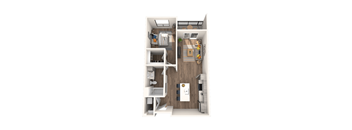 A top-down view of a small, neatly organized apartment.