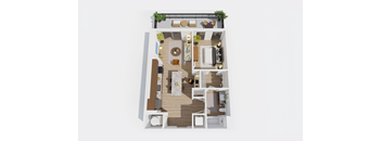 A top-down view of a modern apartment layout with a living room, kitchen, dining area, and bedrooms.