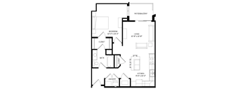 A black and white image of a floor plan for a home with a bedroom, living room, kitchen, bathroom, closet, and laundry area.