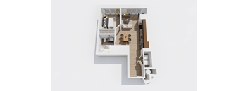 A white floor plan of a house with a kitchen, living room, and bathroom.