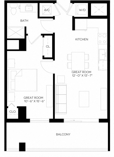 1 Bed 1 Bath 655 square feet floor plan A5