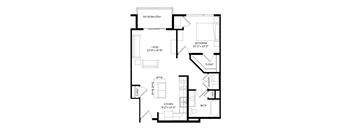 A black and white image of a floor plan for a small apartment.