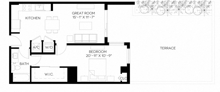 1 Bed 1 Bath 755 square feet floor plan A5-A