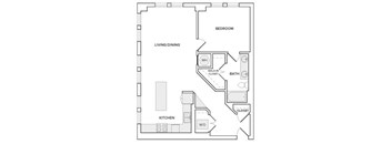 A floor plan of a small apartment with a living/dining area, kitchen, bedroom, and bathroom.