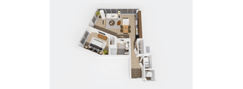A top down view of a house with a kitchen, living room, and two bedrooms.