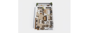 A top-down view of a house layout with a living room, kitchen, dining area, and bedrooms.