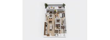 A top-down view of a house layout with a living room, kitchen, dining area, and bedrooms.