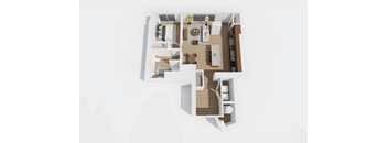 A top-down view of a house interior with a kitchen, living room, and two bedrooms.