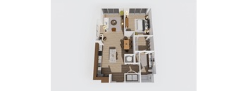 A top-down view of a house layout with a kitchen, living room, and two bedrooms.